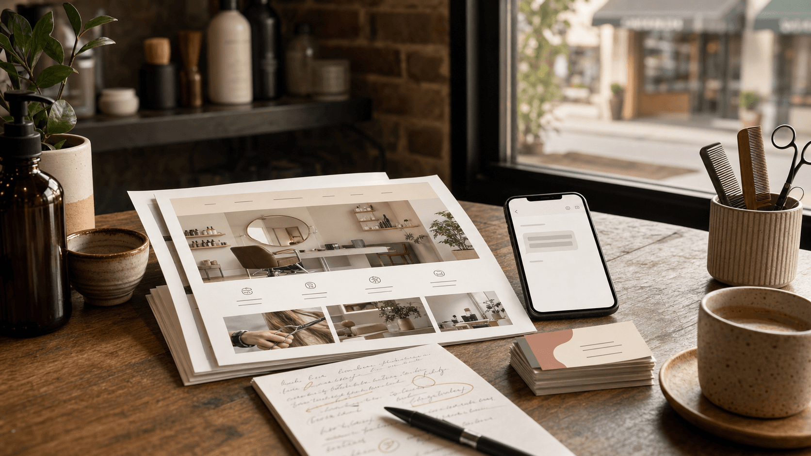 Laptop and tablet showing a small business website preview and an email update workflow.